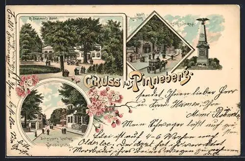 Lithographie Pinneberg, Schmüsers Gasthof und Friedenseiche, R. Stahmers Hotel