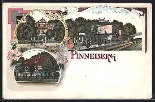 Lithographie Pinneberg, Bahnhof und Bahnhofs Hotel