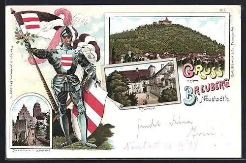Lithographie Breuberg b. Neustadt, Teilansicht, Rittersaal, Hexenturm u. Bergfried