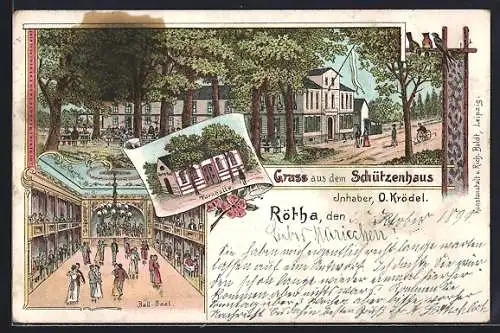 Lithographie Rötha, Gasthaus Schützenhof mit Ball-Saal und Turnhalle, Inh. O. Krödel