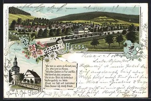 Lithographie Helsa, Bahnhof & Totalansicht