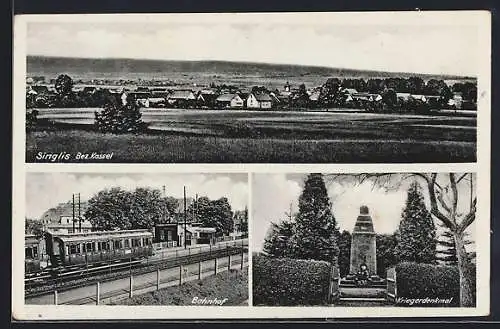 AK Singlis /Kassel, Bahnhof, Kriegerdenkmal und Blick über den Ort