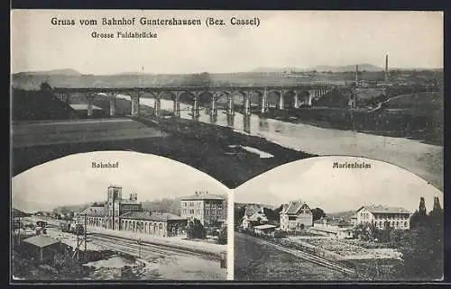 AK Guntershausen /Cassel, Bahnhof, Marienheim und Grosse Fuldabrücke