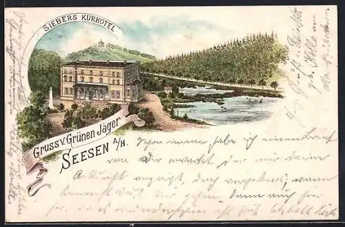 Lithographie Seesen a. H., Siebers Kurhotel Grüner Jäger mit Umgebung