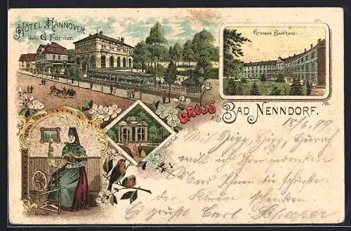 Lithographie Bad Nenndorf, Hôtel Hannover, Grosses Badehaus, Frau in Tracht am Spinnrad