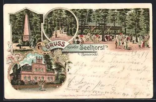 Lithographie Bemerode, Gasthaus Seelhorst, Denkmal, Kreuz