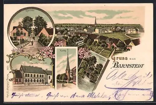 Lithographie Barmstedt, Kaiserl. Postamt, Schleuse b. Ranzau, Kirche