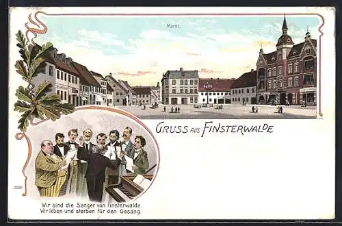 Lithographie Finsterwalde, Blick auf den Markt, Männergesangsgruppe