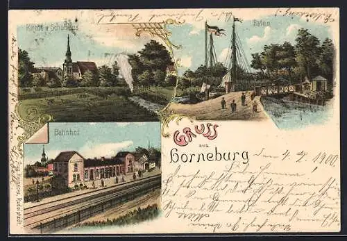 Lithographie Horneburg, Bahnhof mit Passagieren, Hafen mit Schiffe, Kirche / Schulhaus
