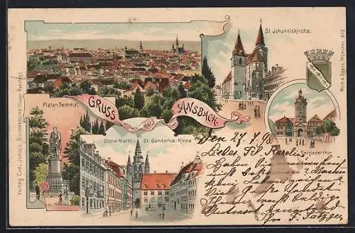 Lithographie Ansbach, Oberer Markt u. St. Gumbertus-Kirche, Platen-Denkmal, Totalansicht