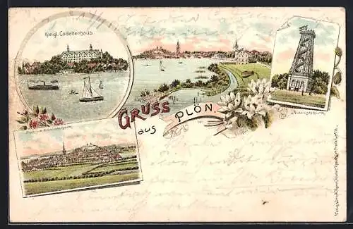 Lithographie Plön, Kgl. Cadettenhaus m. Schiffen, Partie am Aussichtsturm
