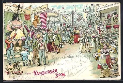 Lithographie Hamburg-St.Pauli, Hamburger Dom mit Riesen-Dame und Schiessstand, Volksfest