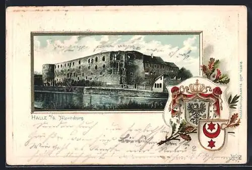 Passepartout-Lithographie Halle a. S., Die Moritzburg, Reichs- und Stadtwappen