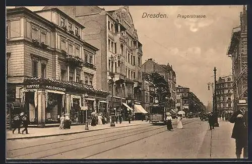 AK Dresden, Pragerstrasse mit Geschäften & Strassenbahn
