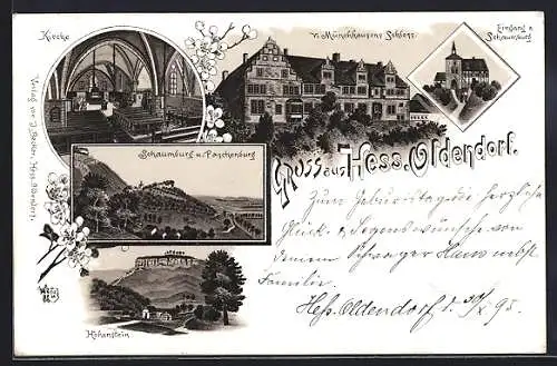 Vorläufer-Lithographie Hess. Oldendorf, 1895, v. Münchhausens Schloss, Inneres Kirche, Schaumburg und Paschenburg