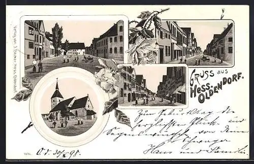 Lithographie Hess. Oldendorf, Kirche, Strassenpartien