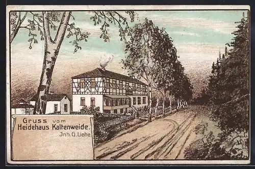 Lithographie Kaltenweide, Gasthof Heidehaus Kaltenweide von G. Liehe