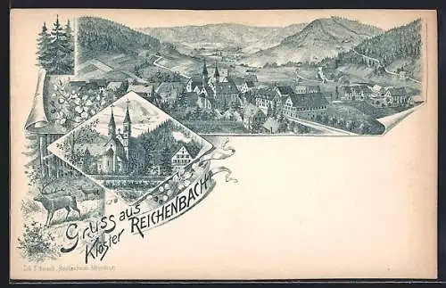 Lithographie Klosterreichenbach, Kirche, Ortsansicht aus der Vogelschau