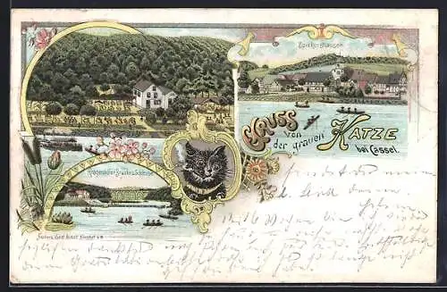 Lithographie Spiekershausen /Fuldatal, Gasthof zur grauen Katze, Kragenhöfer Brücke und Schleuse, Teilansicht