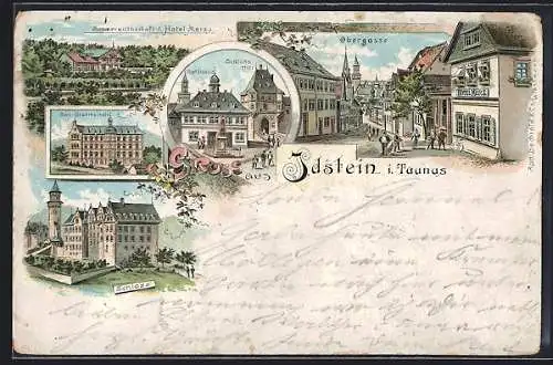 Lithographie Idstein i. T., Hotel Merz, Obergasse, Schloss
