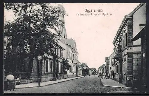 AK Oggersheim, Mutlerstädter-Strasse mit Apotheke von einer Kreuzung aus