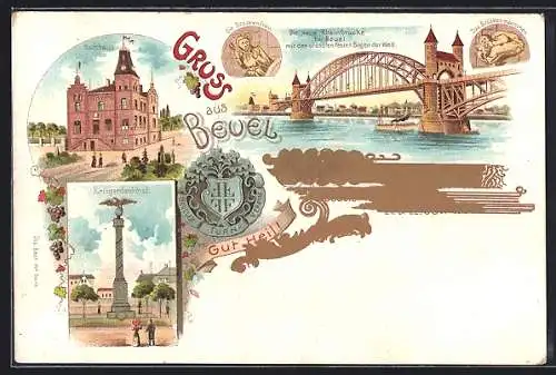 Lithographie Beuel, Kriegerdenkmal, Ortsansicht mit neuer Rheinbrücke