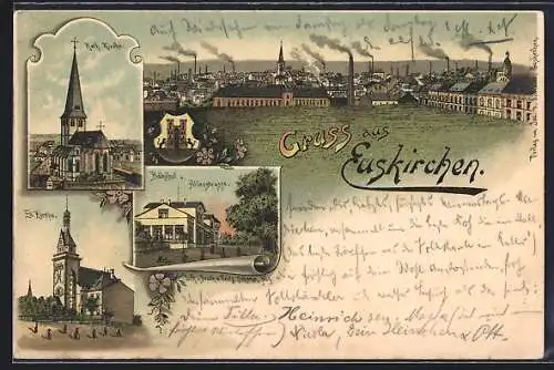 Lithographie Euskirchen, Kath. und Ev. Kirche, Bahnhof und Alleestrasse