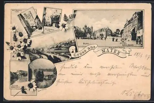 AK Mayen, Hotel Kohlhaas und Burg, Kurhotel, Schloss Bürresheim