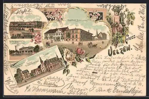 Lithographie Uelzen, Bahnhof, Gasthof Drei Linden, Kgl. Realprogymnasium, Bahnhof