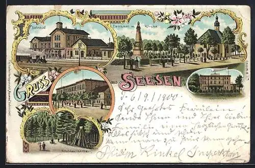 Lithographie Seesen, Partie mit Bahnhof, Denkmal m. Kirche, Jacobson-Schule & Kur-Hotel