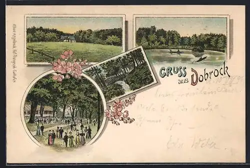 Lithographie Dobrock, Gartenwirtschaft, Rehe am Bach, Ortspartie