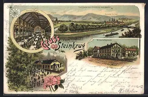 Lithographie Boffzen, Gasthaus Steinkrug, Konzerthalle, Wirtschaftsgebäude, Eichenwald