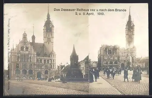 AK Dessau, Rathaus vor und nach dem Brand 1910