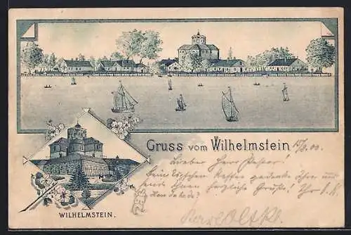Lithographie Wilhelmstein, Ortsansicht mit Segelbooten
