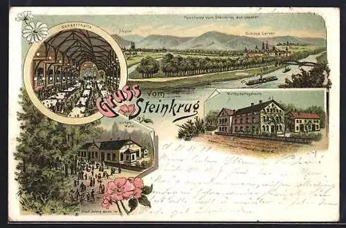 Lithographie Boffzen, Gasthaus Steinkrug, Konzerthalle, Wirtschaftsgebäude, Eichenwald