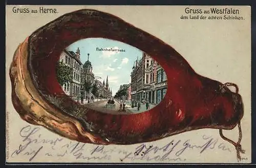 Passepartout-Lithographie Herne, Bahnhofstrasse, Westfälischer Schinken