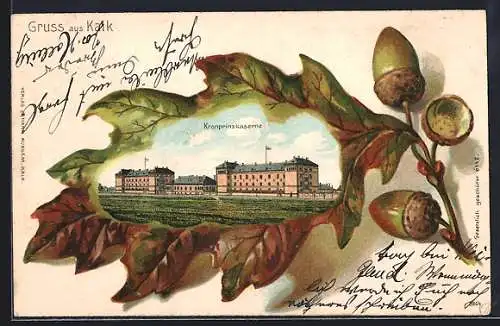 Passepartout-Lithographie Köln-Kalk, Kronprinzkaserne, Eichenblatt
