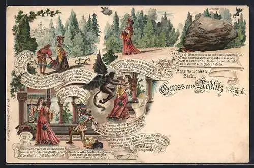 Lithographie Nedlitz / Zerbst, Sage vom grossen Stein, Prinzessin wird vom Teufel angegriffen