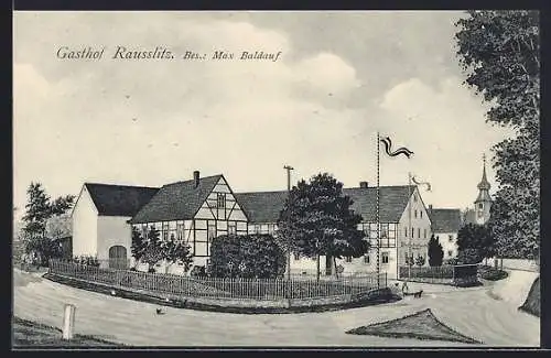 Künstler-AK Rausslitz, Gasthof Rausslitz, Fachwerkhäuser, Kirche