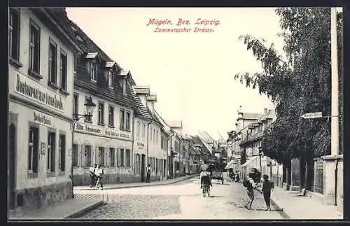 AK Mügeln /Bez. Leipzig, Lommatzscher Strasse mit Restaurant zur guten Quelle