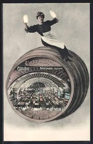 Grusskarten-AK München, Gasthaus Mathäserbräu, Ansicht vom Festsaal auf Bierfass