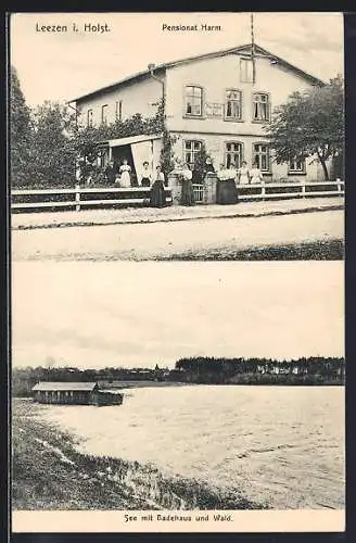 AK Leezen i. Holst., Pensionat Aug. Harm, See mit Badehaus
