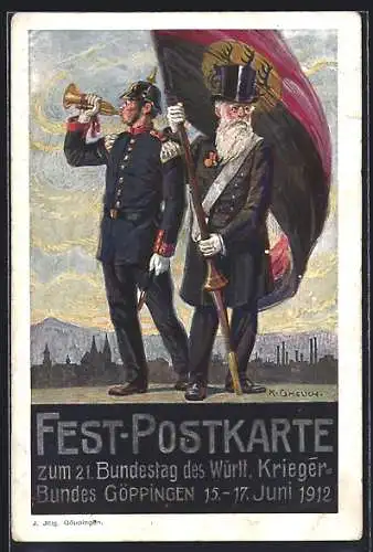 AK Göppingen, 21. Bundestag d. Württ. Krieger-Bundes 1912, Soldat in Uniform mit Horn, Fahne