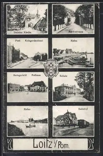 AK Loitz i. Pom., Bahnhof, Schule, Hafen, Marktstrasse und Amtsgericht
