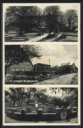 AK Klein Vollstedt /Rendsburg, Gasthaus von W. Honnen, Dorfpartie und Denkmal