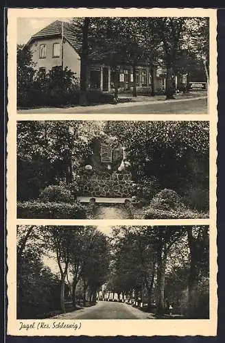 AK Jagel /Kr. Schleswig, Gasthaus, Kriegerdenkmal, Allee