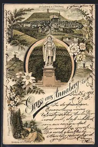 Lithographie Annaberg / Erzgebirge, Herzog Georg d. Bärtigen Denkmal, Rundgang um d. Pöhlberg, Gesamtansicht