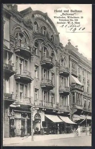AK Wiesbaden, Hotel und Badhaus Bellevue, Wilhelmstrasse 26, Bes. W. A. Hees