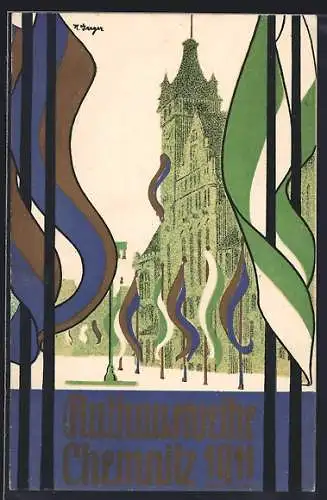 Steindruck-AK Chemnitz, Fahnenschmuck zur Rathausweihe 1911