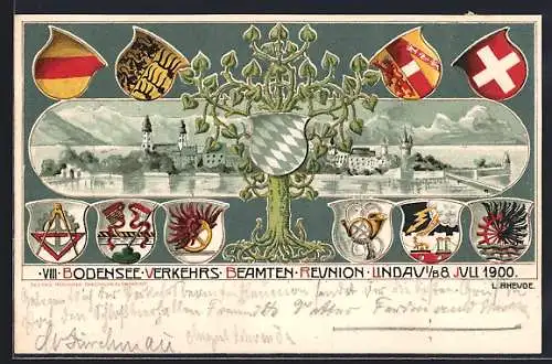 Passepartout-Lithographie Lindau i. B., VIII. Bodensee-Verkehrs-Beamten-Reunion 1900